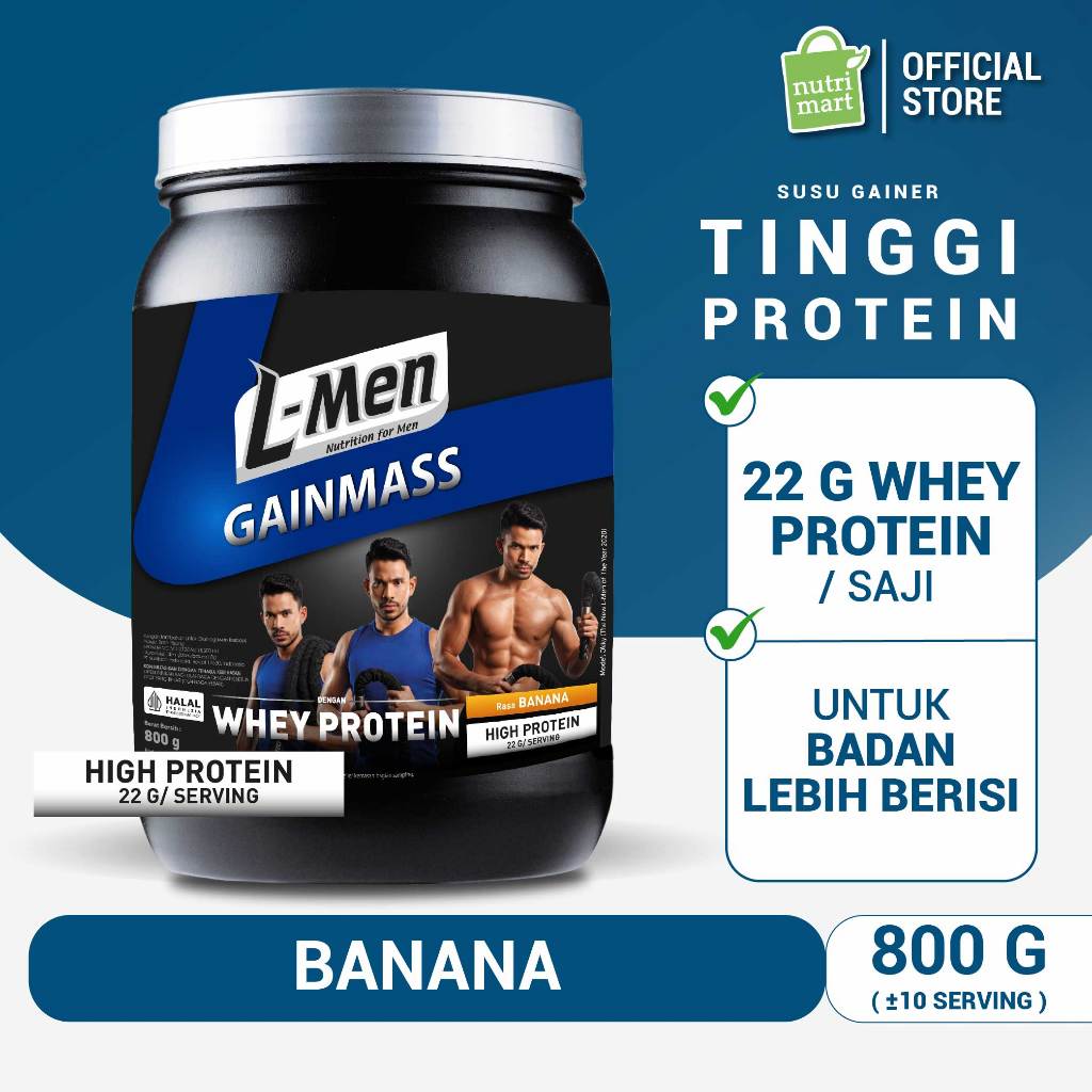 L-Men Gain Mass Banana 800g - Improved Formula 22g Protein/Serving - 10-11 Serving - Dilengkapi BCAA