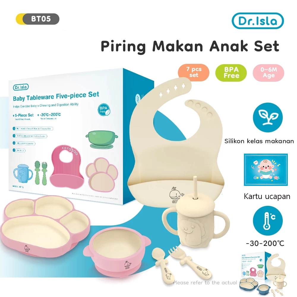 Dr.isla Piring Makan Anak Set 7Pcs Mangkuk Sendok Makan Bayi Celemek Makan Bayi Botol Minum Bayi Set