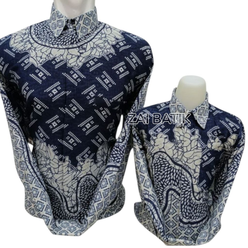 Zai Batik | Kemeja Katun Batik Navy Silver Sepasang Untuk Ayah Dan Anak Full Puring