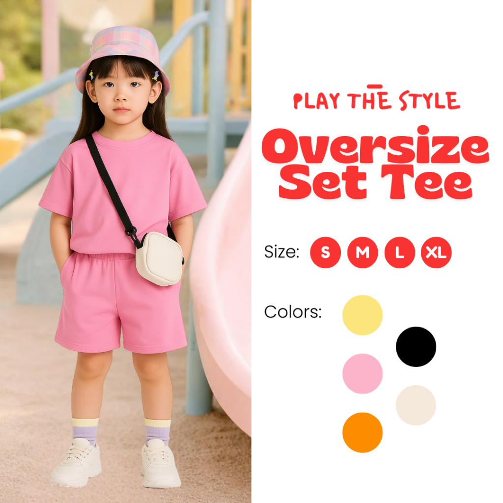PlayTheStyle Oversize Set Tee Anak Korean Style Bubble Gum Pink | Set Anak Nyaman | Premium Adem Ant