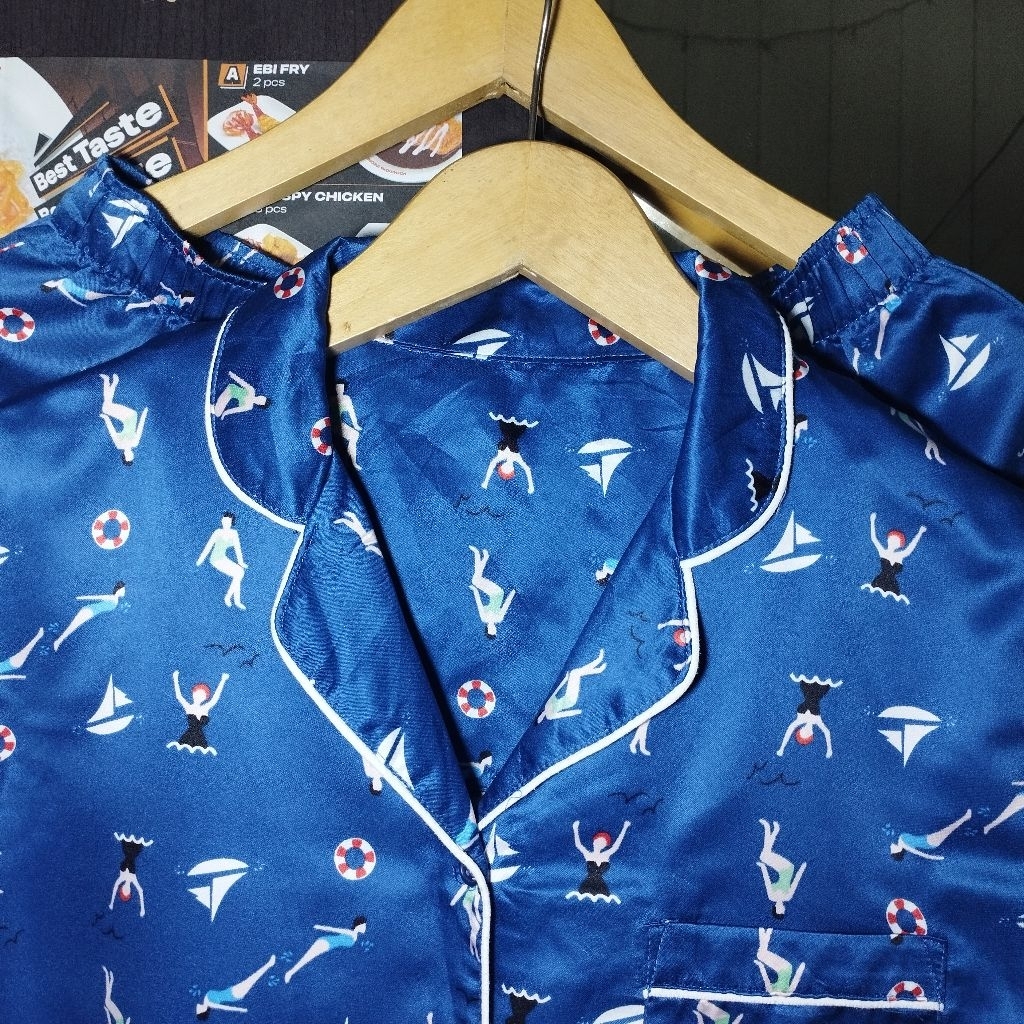 SET PIYAMA SATIN GU BIRU ORANG BERENANG