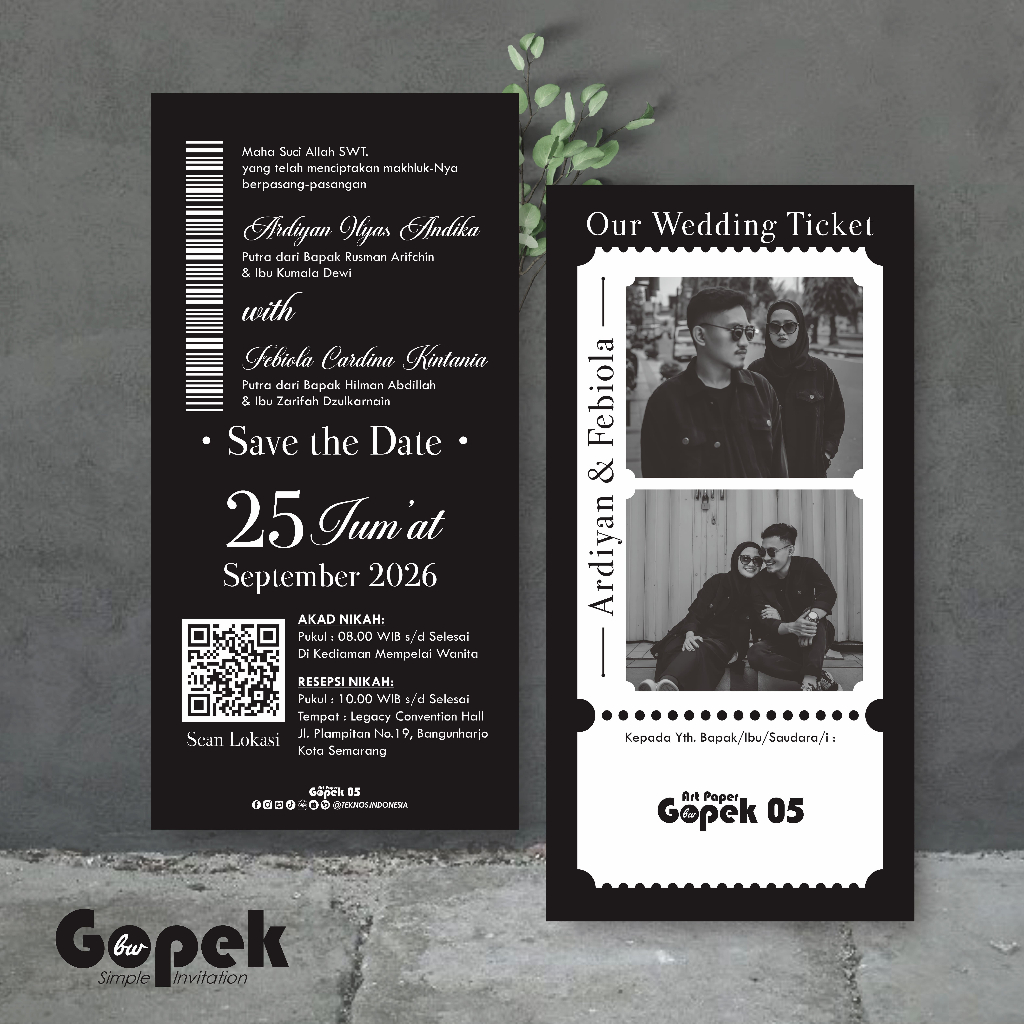 Undangan Pernikahan Simple Murah Hitam Putih 1 Lembar - Undangan Minimalis Gopek Black & White
