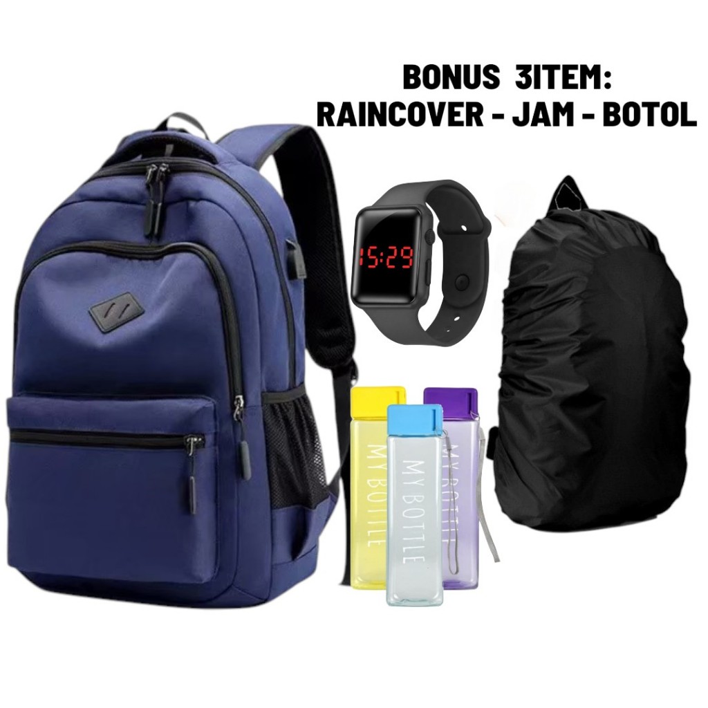 tas sekolah remaja - tas kampus kekinian - tas ransel korea style - tas canvas wanita  bonus raincov