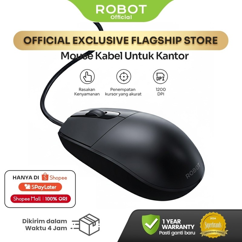 ROBOT M102 Mouse Kabel Optical Office 1200DPI Akurasi Tinggi Ergonomis Anti Slip Scroll Plug & Play USB untuk Laptop & Komputer PC - Mouse Berkabel Nyaman Garansi 1 Tahun