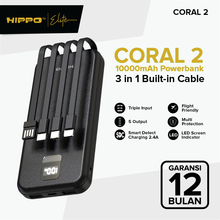 Hippo Powerbank Coral2 10000MAH BLACK Output 2.4A Smart Detect Charger Flight Friendly Power Bank