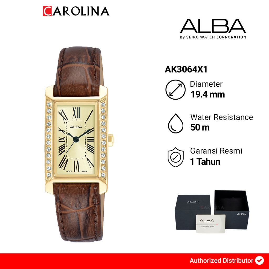 Jam Tangan Wanita Alba AK3064X1 Tank Gold Dial Brown Leather Strap
