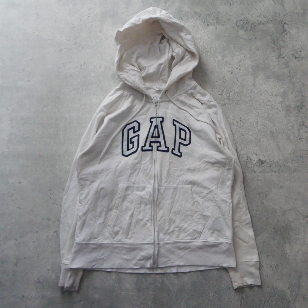 White Gap zipper hoodie with dark blue script logo