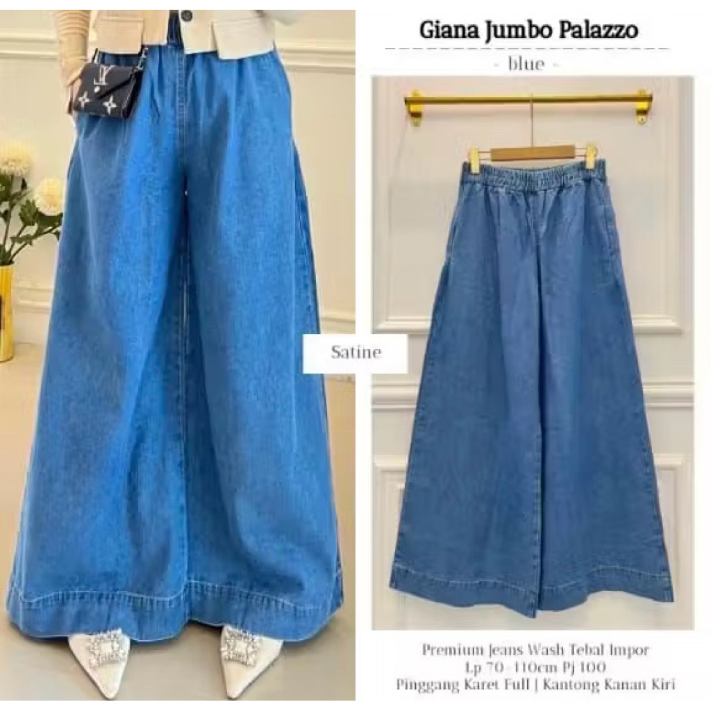Giana Jumbo Celana Kulot Jeans Wanita Lebar Premium Original Satine Denim Wash Tebal Impor Pinggang 