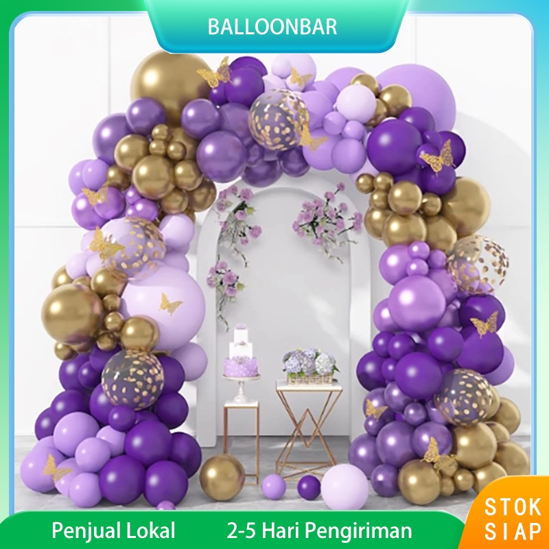 Set karangan bunga bola ungu 127 buah, termasuk balon berkilau metalik warna emas dengan mutiara ung