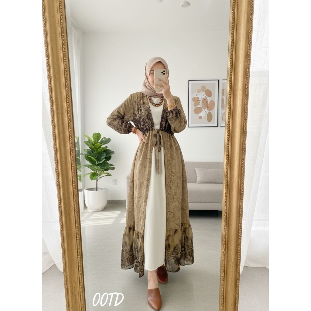 Liliarda Outer Cardigan Panjang Motif Bunga Siffon Ceruty Babydoll Premium Serut tali Wanita