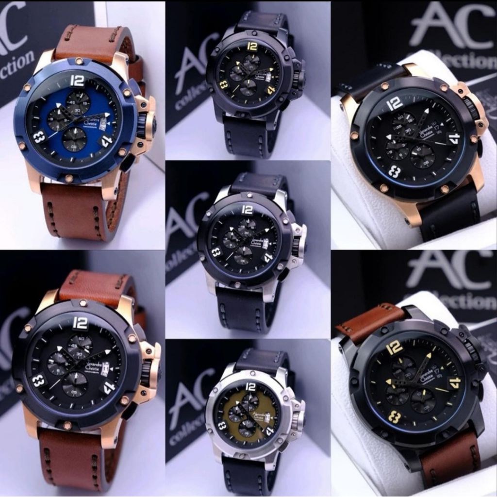 JAMTANGAN PRIA ALEXANDRE CHRISTIE AC6295 AC 6295 BLACK ROSEGOLD BROWN LEATHER ORIGINAL QUARTZ WATCH-