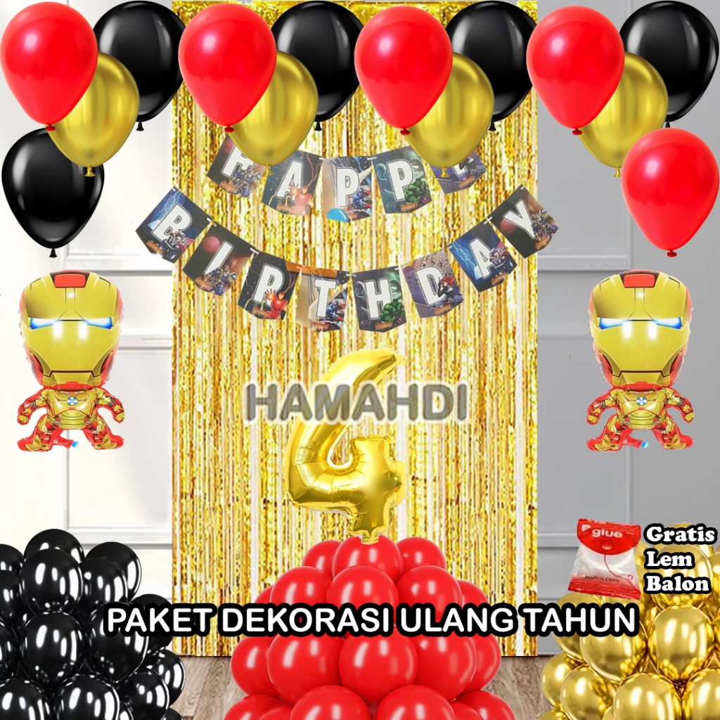 Paket Dekorasi Ulang Tahun Nama Anak Tirai Gold Banner HBD Karakter Avenger Balon Metalik Hitam Mera