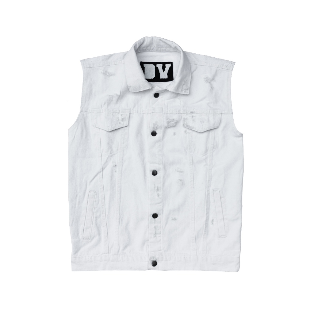 DURCHVOLK / VJJ503 /  Jaket Rompi Jaket Jeans Denim Pria Wanita Painting Ripped Patch Big Size Putih