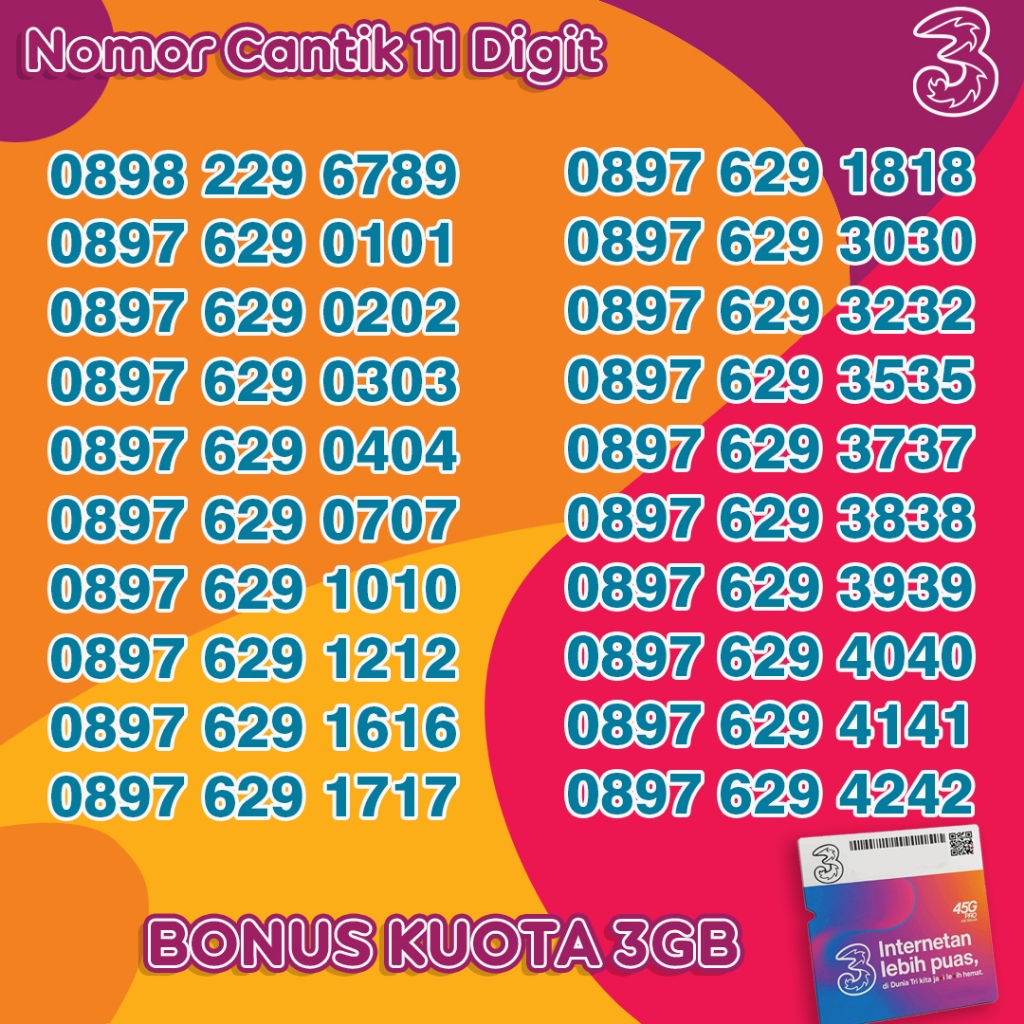Nomor Cantik Tri Prabayar 11 Digit Triple ABAB AABB