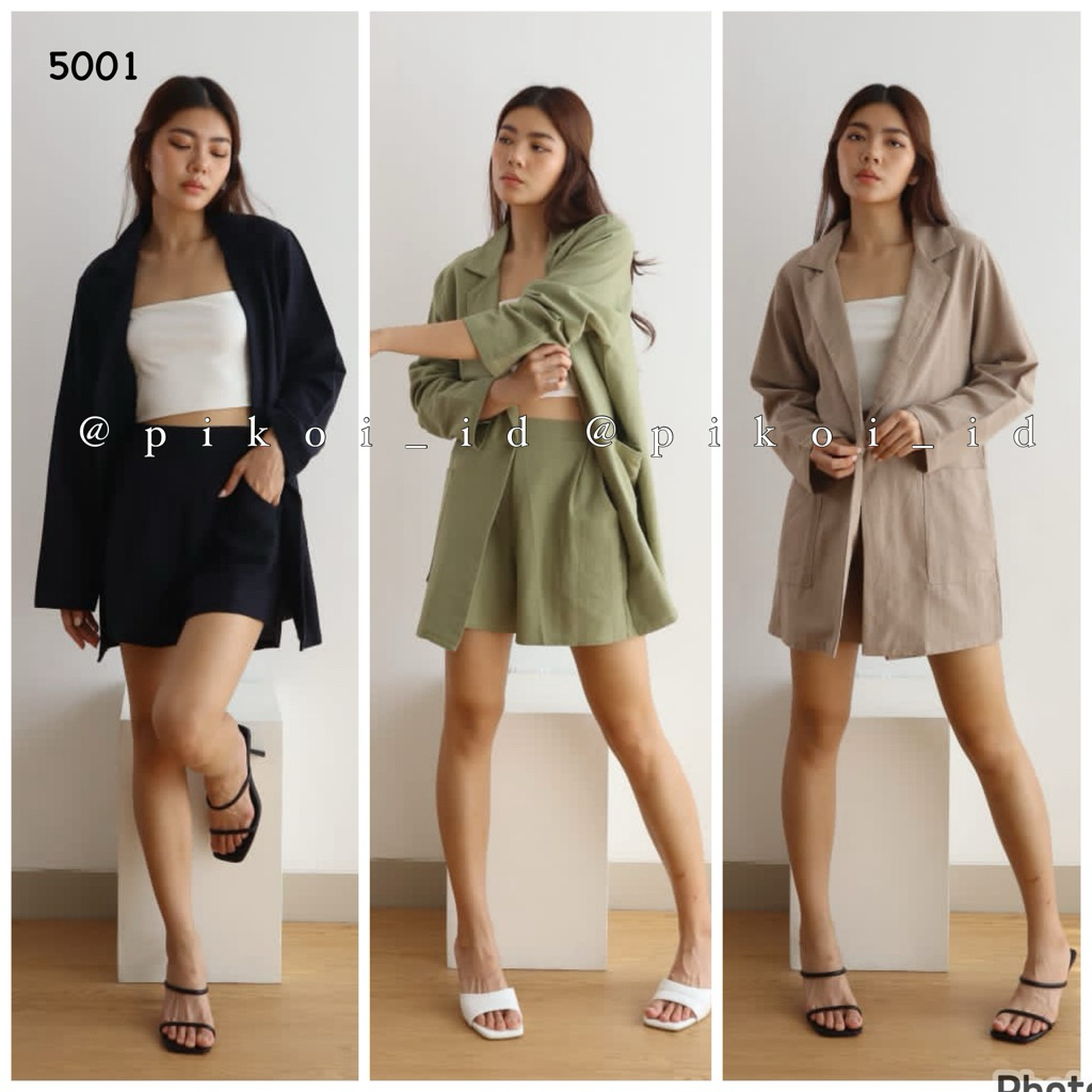 Set blazer lengan panjang / oneset katun linen atasan bawahan blazer wanita / setelan outer celana p