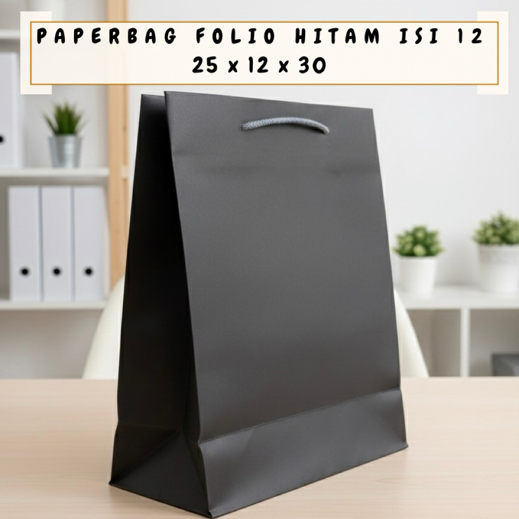 PAPERBAG FOLIO HITAM POLOS UK 25X12X30 / TAS KERTAS HITAM POLOS / GOODIEBAG HITAM POLOS / TAS KERTAS