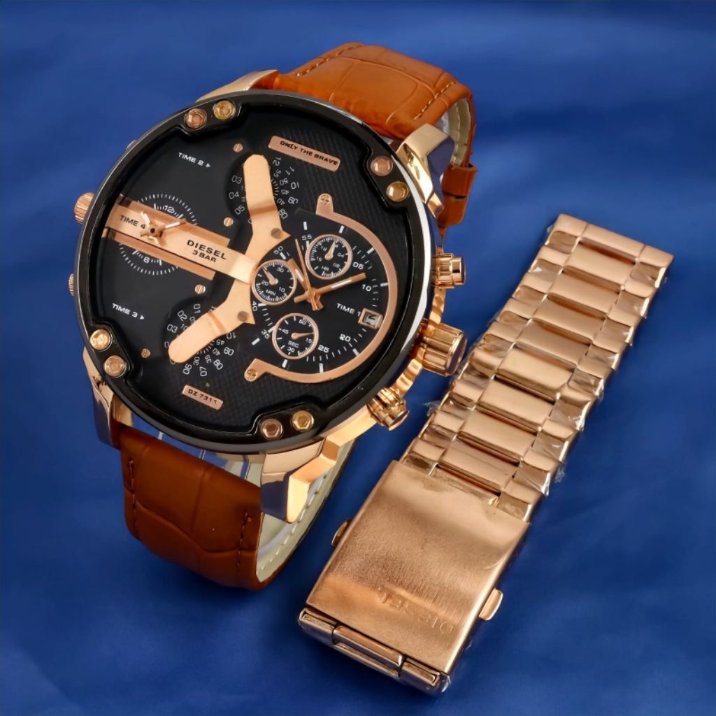 Diesel Oversized Chronograph Gold Black Leather Strap – Jam Tangan Pria Elegan & Sporty