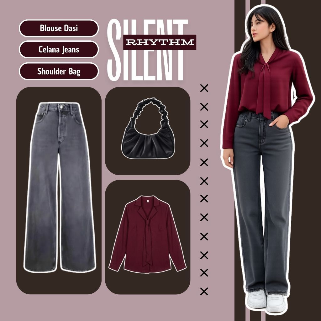 Outfit Remaja Kekinian Set Ootd ( Blouse Dasi + Celana Kulot Jeans ) Setelan Baju Wanita - 052