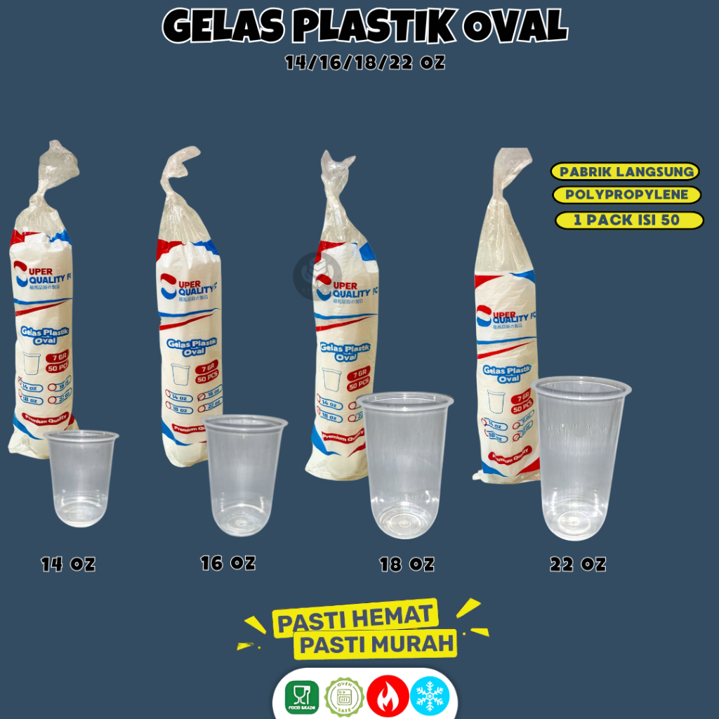 (50 Pcs) Gelas Plastik Oval 14oz 16oz 18oz 22oz | Gelas Plastik Bening Es | Cup 14oz 16oz 18oz | Pla