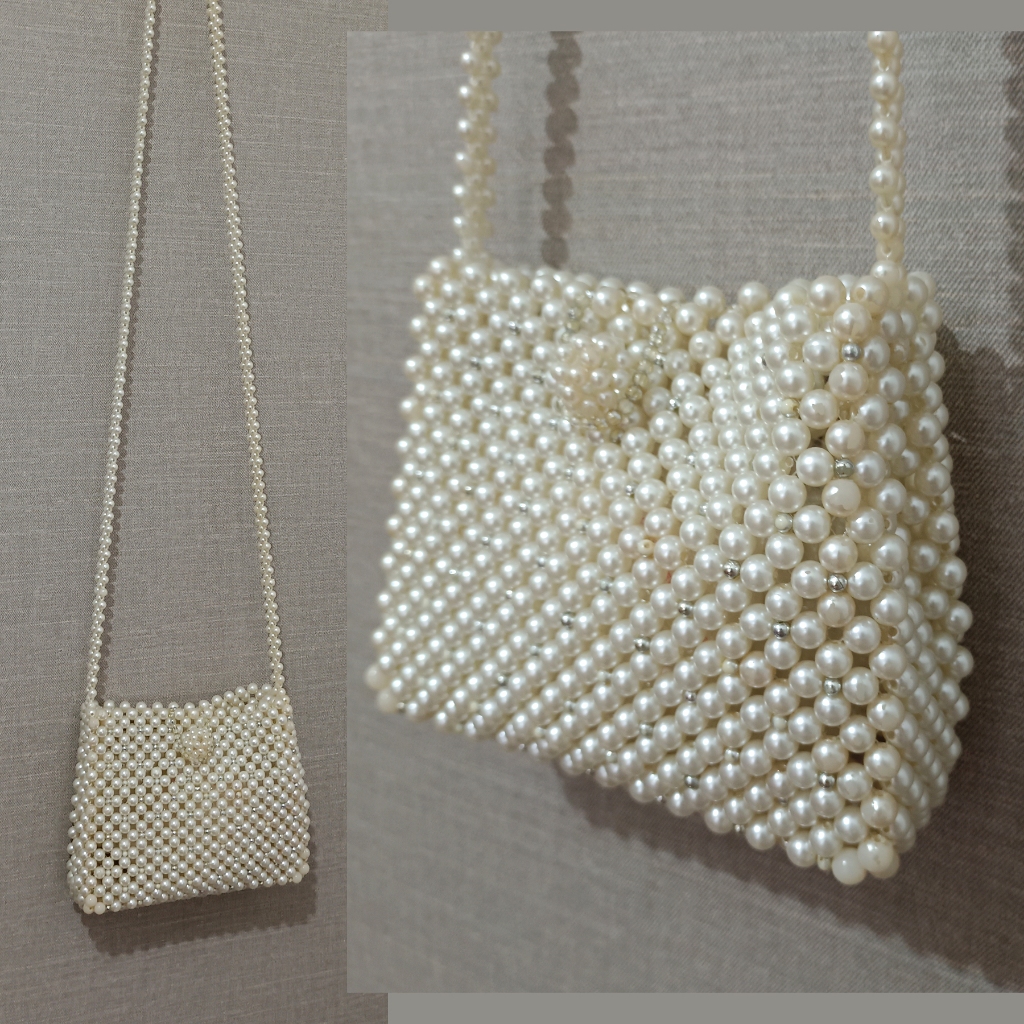 Tas Selempang Motek Mote Manik Mutiara Putih Sling Bag Beaded Pearl