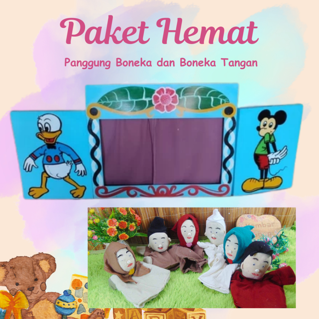 PG-TANGAN PAKET HEMAT SET PANGGUNG BONEKA DAN BONEKA TANGAN KELUARGA MUSLIM