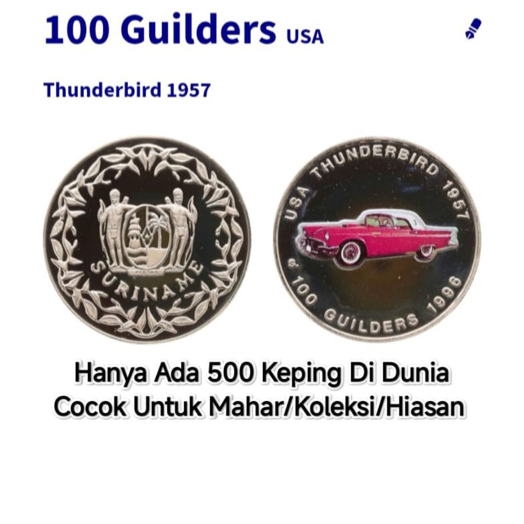 koin kuno langka 100 Guilders 1996 Suriname USA Thunderbird 1956 Koleksi Uang Logam Coin Lama Jadul 