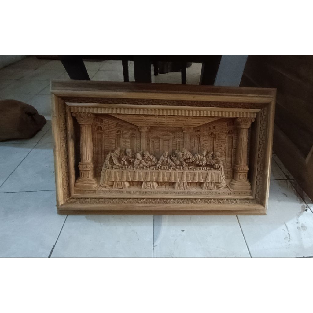 Relief perjamuan kudus kayu jati jepara 100cm