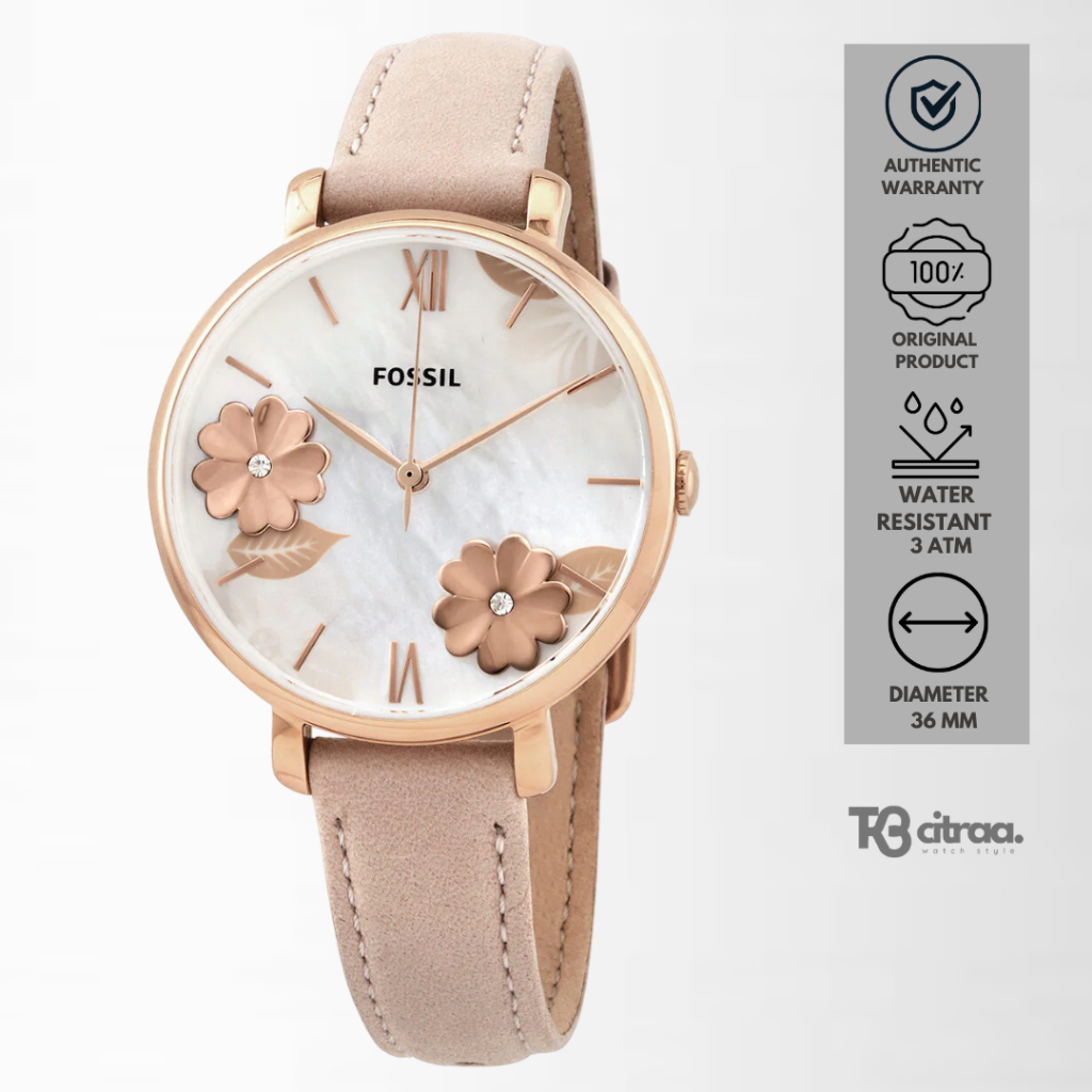 Jam Tangan Wanita Fossil Jacqueline Kulit Pink Floral Dial Casual Original ES4671