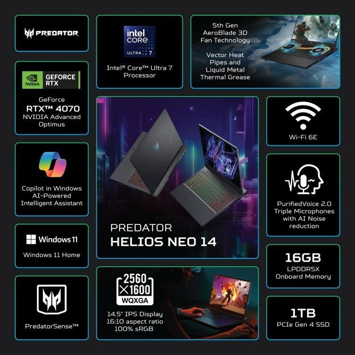 Laptop Gaming Acer Predator Helios Neo 14 Intel Ultra 7 155H  Nvidia RTX 4070 8GB 14 inch WQXGA