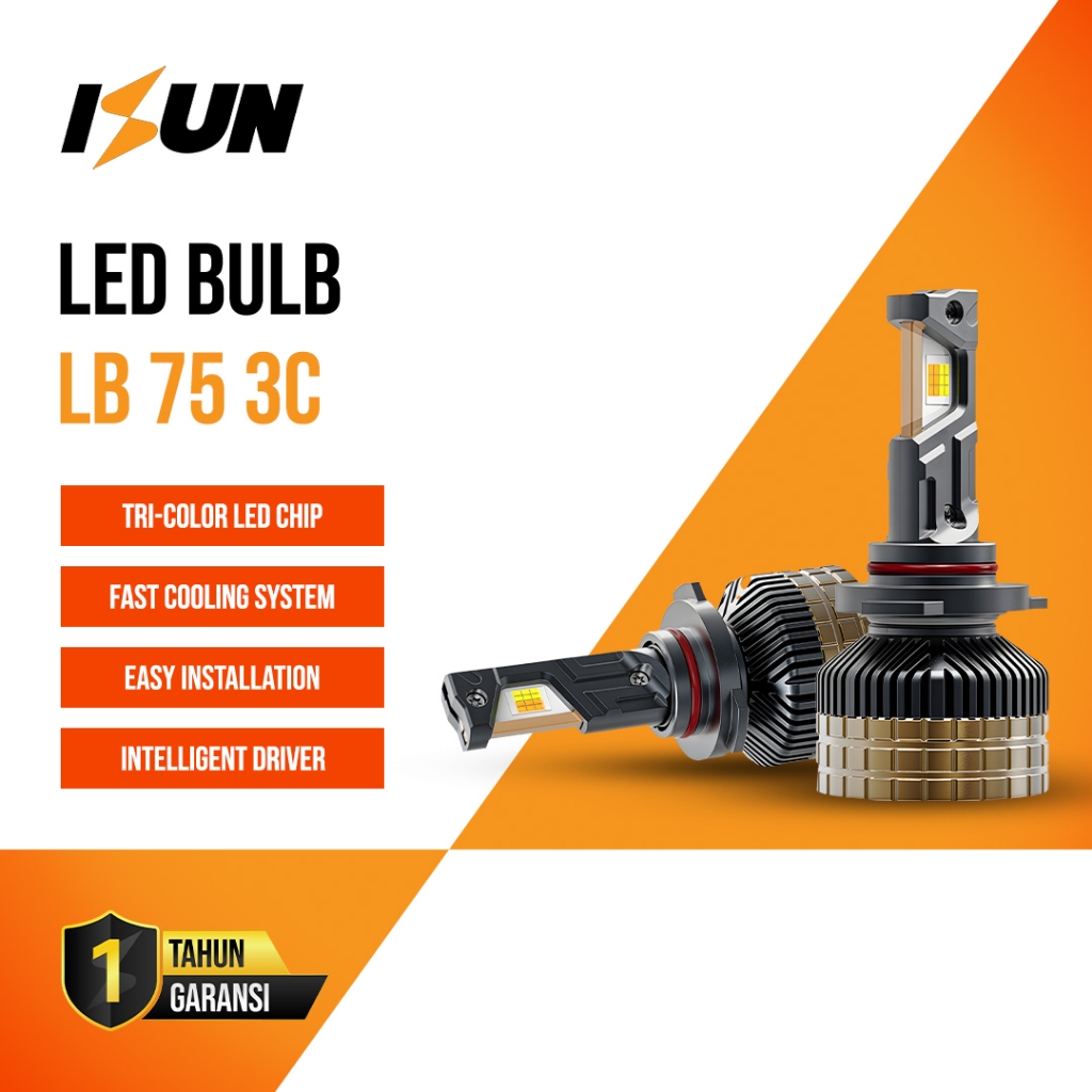 ISUN LED Headlamp Mobil ISUN T75-3C 3 Warna Plug & Play – Listrik Aman DC 9–36V | Max 150W