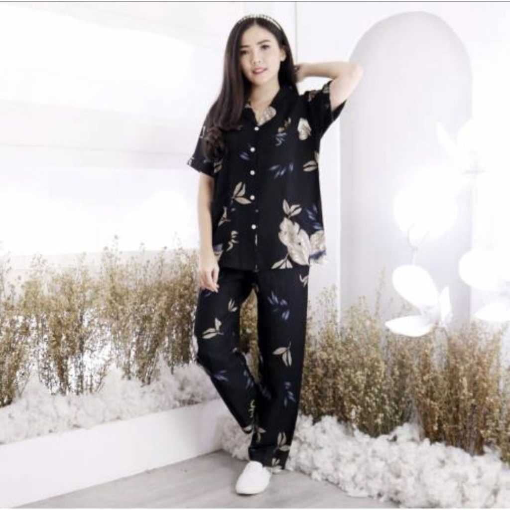 Qaireen Piyama Baju tidur Set Tie Dye Wanita Celana Panjang Selvia CP Motif Daun