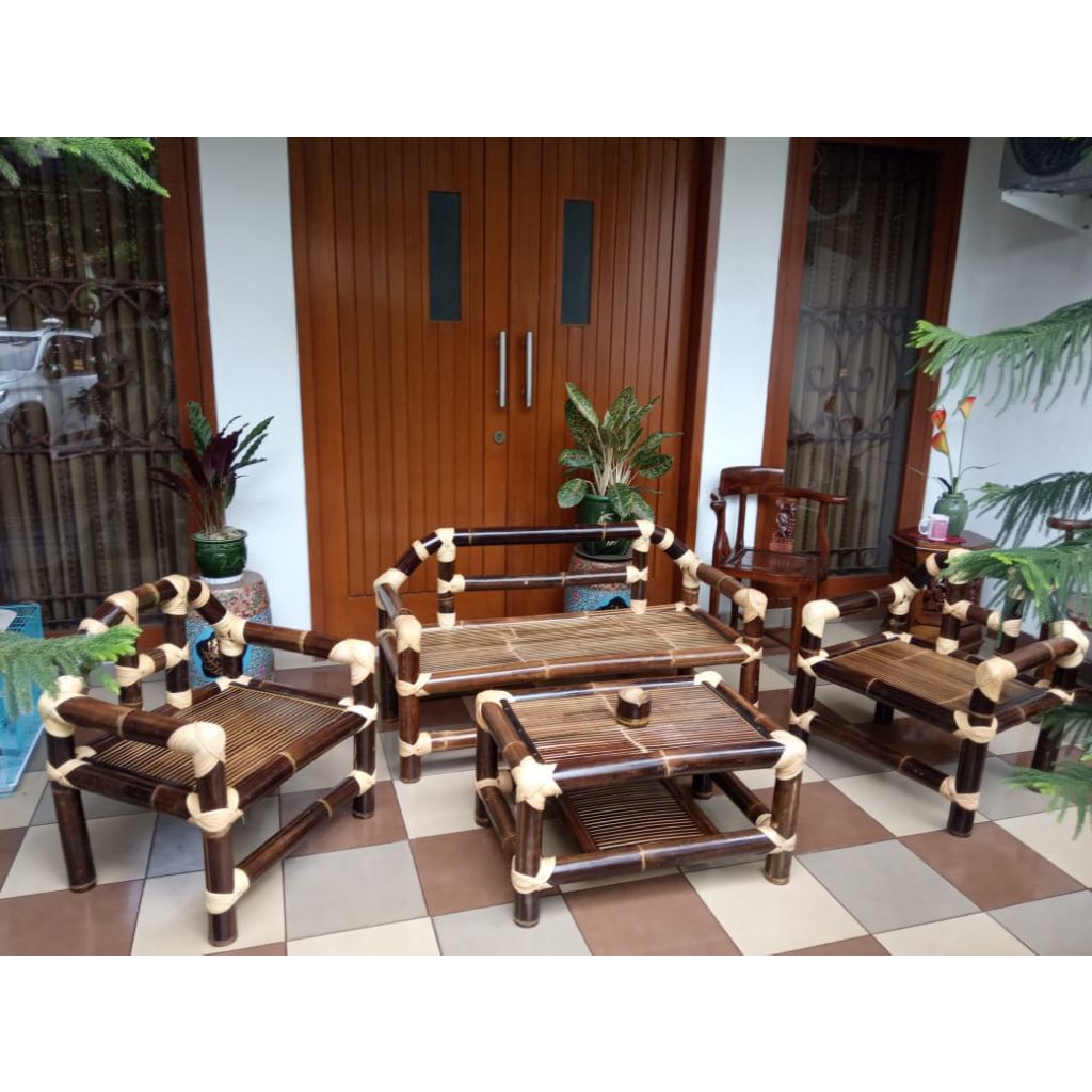Kursi tamu bambu hitam full ikat rotan