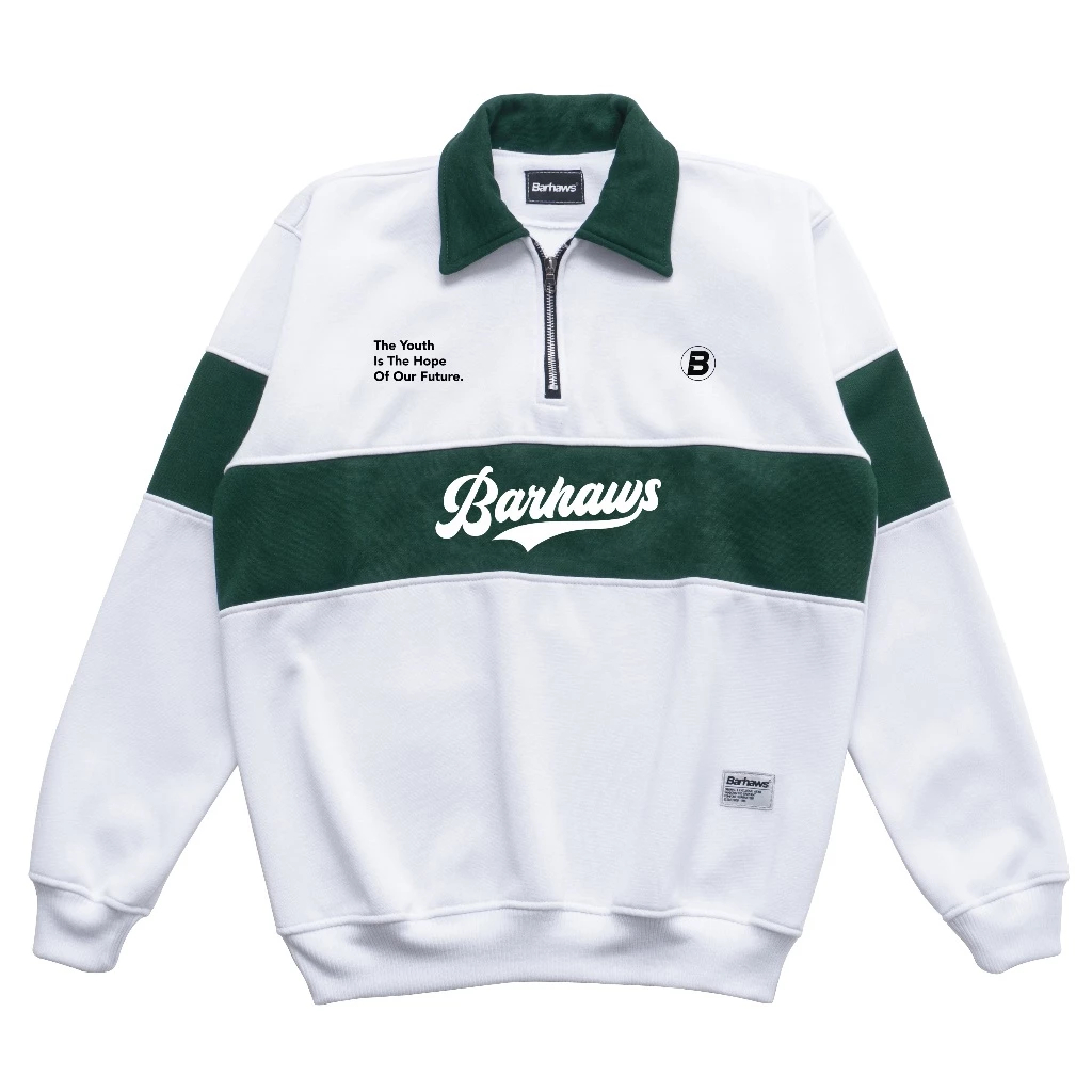 Sweater Half Zipper Rugby Kombinasi White / Half Zipper Pria