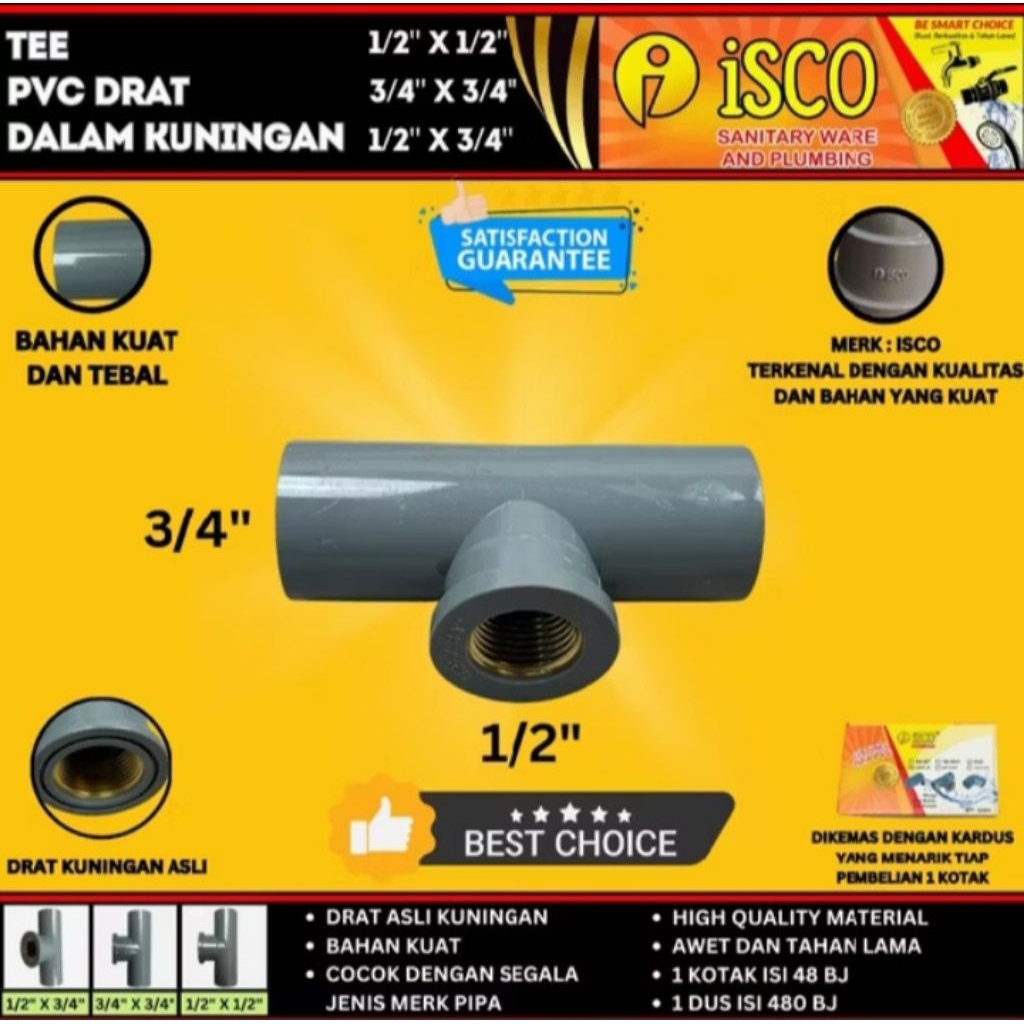 Tee Drat Dalam PVC/T Drat Dalam Faucet Tee Ukuran 1/2"x3/4"-Sambungan T Cabang Kran Anti Bocor(01)