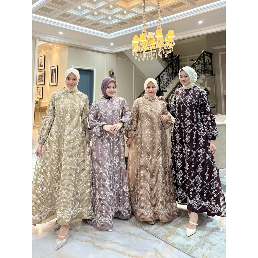 Gamis malaysia bahan organza bordir mix  furimg Marbella twill full furing ori By Edness Kayla