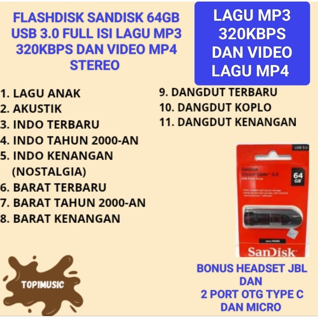 flashdisk sandisk 64GB usb 3.0 isi full lagu mp3 dan mp4 akustik