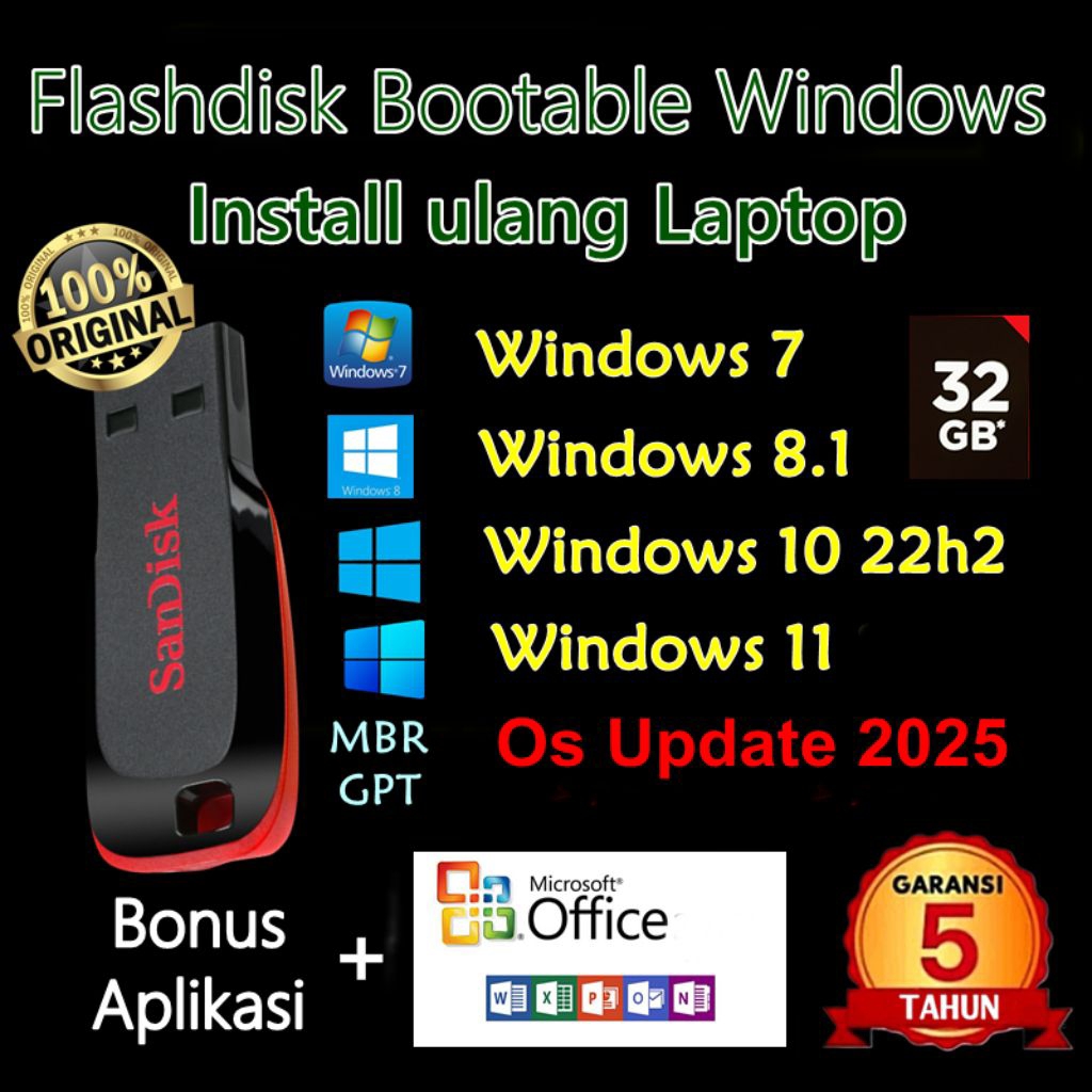 Flashdisk MultiBootable Windows 7 8.1 10 11 Sandisk 32GB