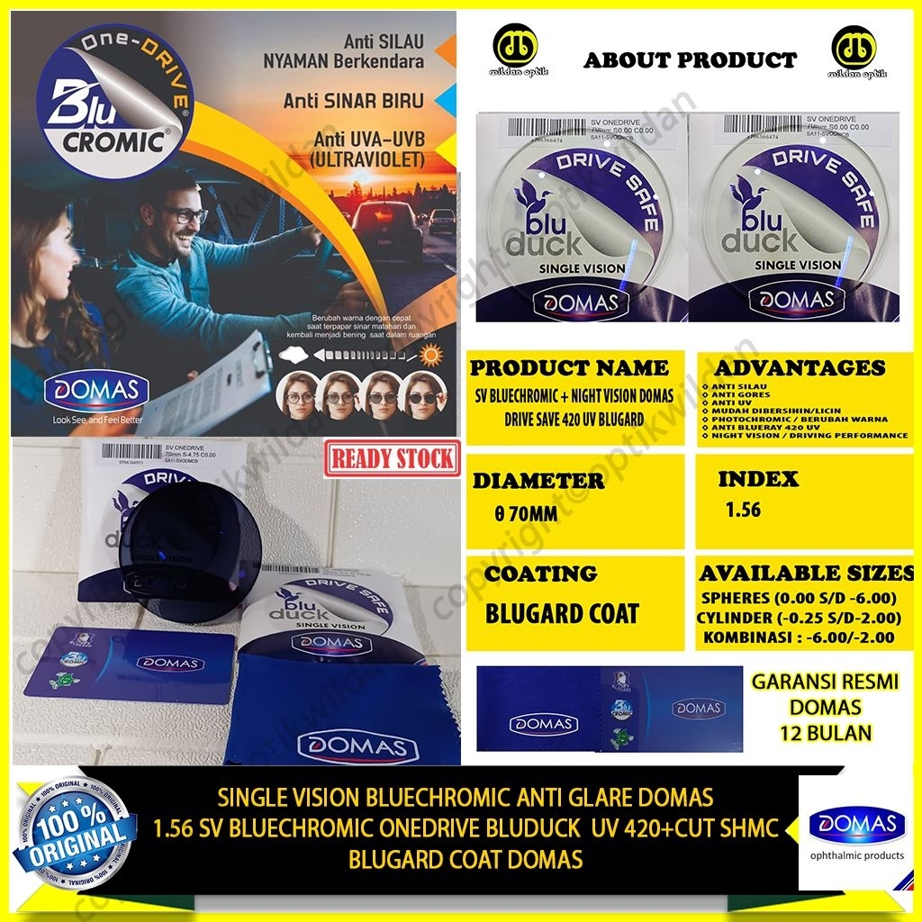 Domas Single Vision Bluechromic Drive Safe Bluduck UV 420 Blugard Coat Domas Original Ready Stock
