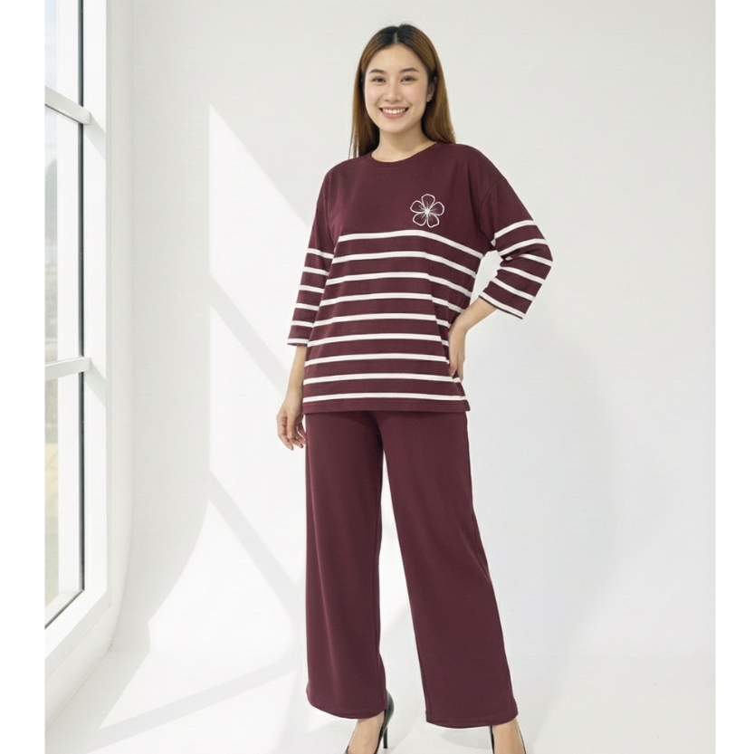 SETELAN WANITA LENGAN 7/8 OVERSIZE BAHAN VOXY LD 120 | ONESET SALUR LOGO BUNGA TEREBARU