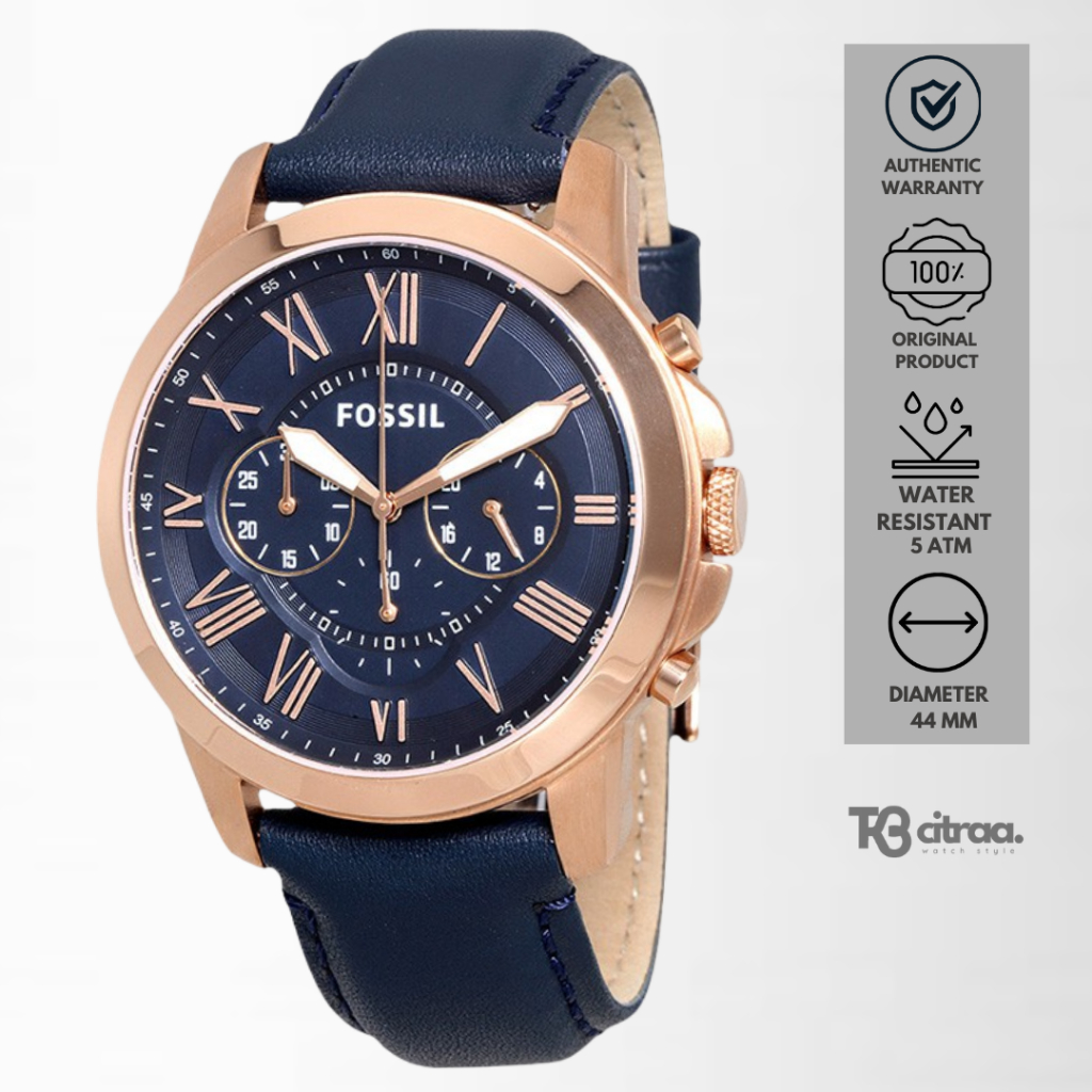 Jam Tangan Fossil Grant Chronograph Kulit Navy Blue Casual Original FS4835