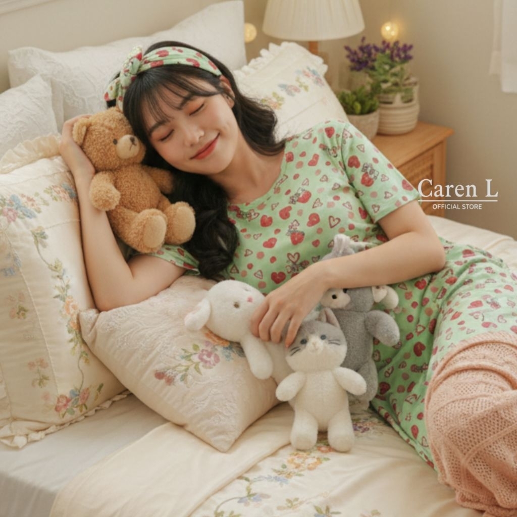 Daster Kaos Korean style | Daster Santai Wanita Cantik Kekinian Mini Heart Light Green Kaos Remaja