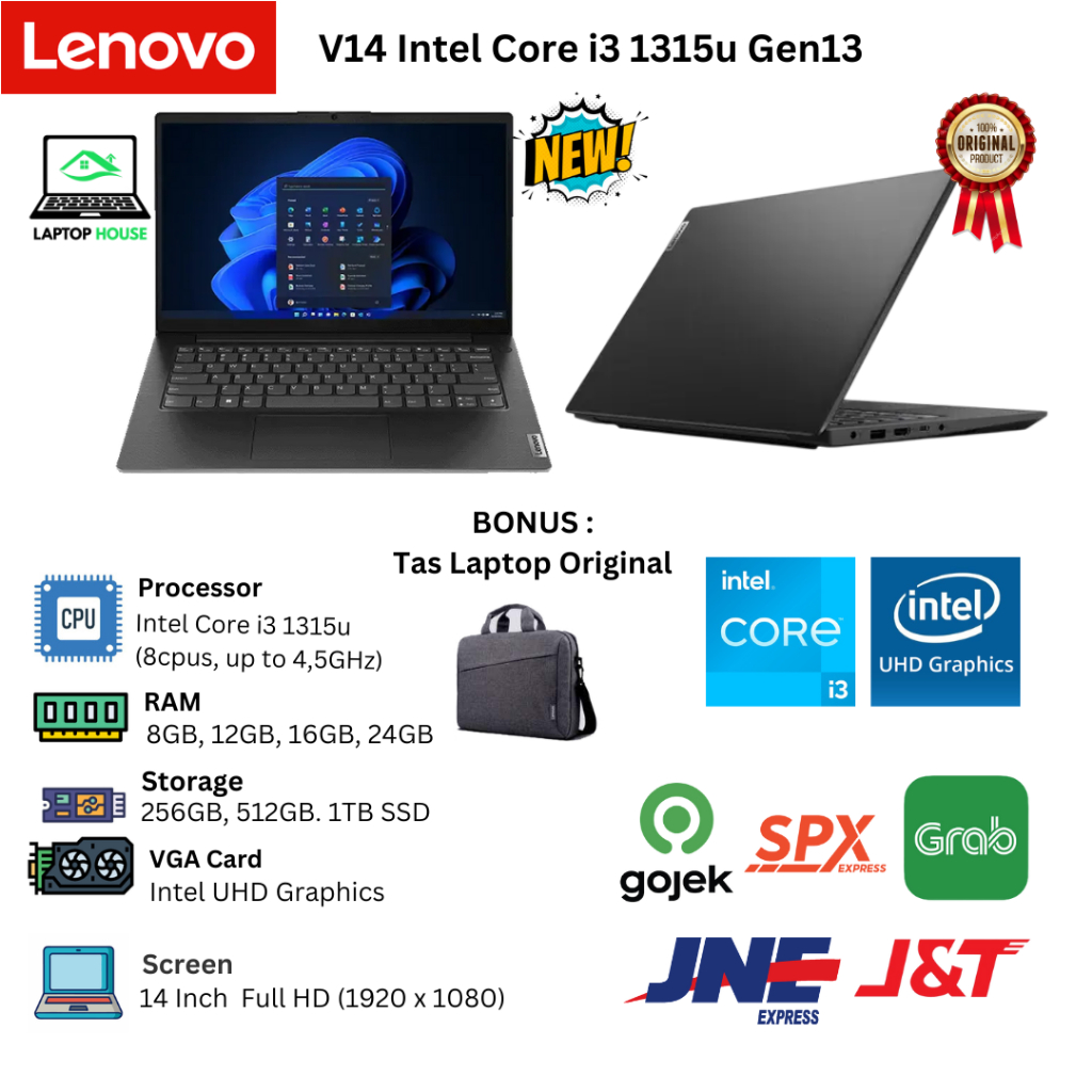 Laptop Baru Lenovo V14 Core i3 1315u 8Cpus Upto 4,5Ghz Gen 13 Business Black  RAM 24GB SSD  1TB