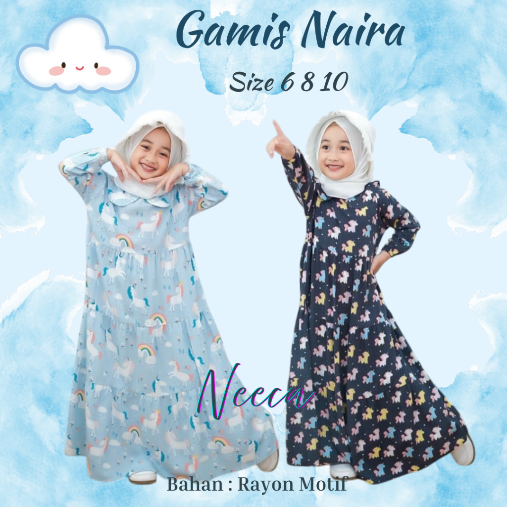 [Grosir] Gamis Naira 6-10 Gamis Anak Rayon Motif Neeca Kiddos Size 6,8,10 Tahun