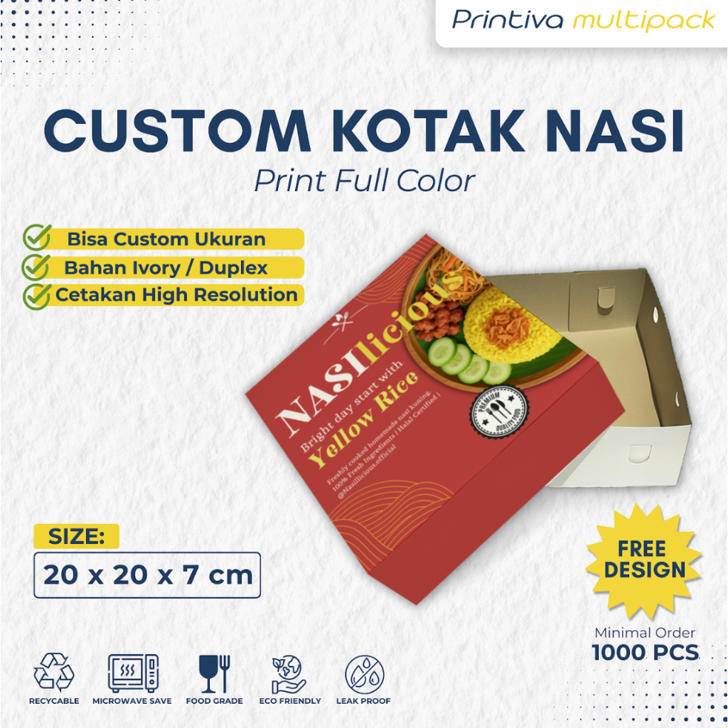Cetak Custom Dus / Kotak Nasi uk. 20 x 20 x 7 cm {MIN. Order 5000 pcs} (pisah) Full Color