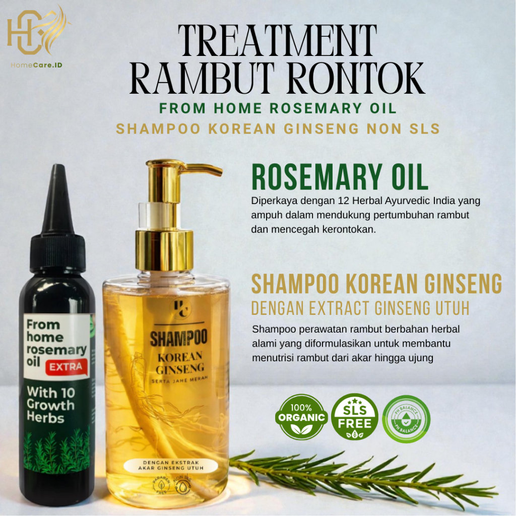 Paket Hair Care Herbal From Home Rosemary Oil & Shampoo Korean Ginseng Non SLS Dengan Akar Ginseng A
