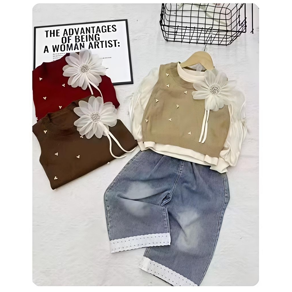 Setelan Anak Perempuan Import 3in1 | Blouse Organza Rompi Celana Jeans
