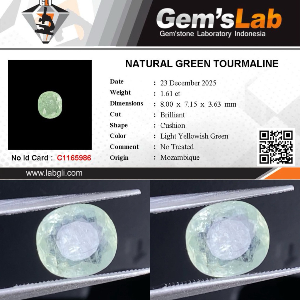1,61 cts Natural yellowish Green Color Tourmaline like Paraiba origin Mozambique No Treatment Memo G