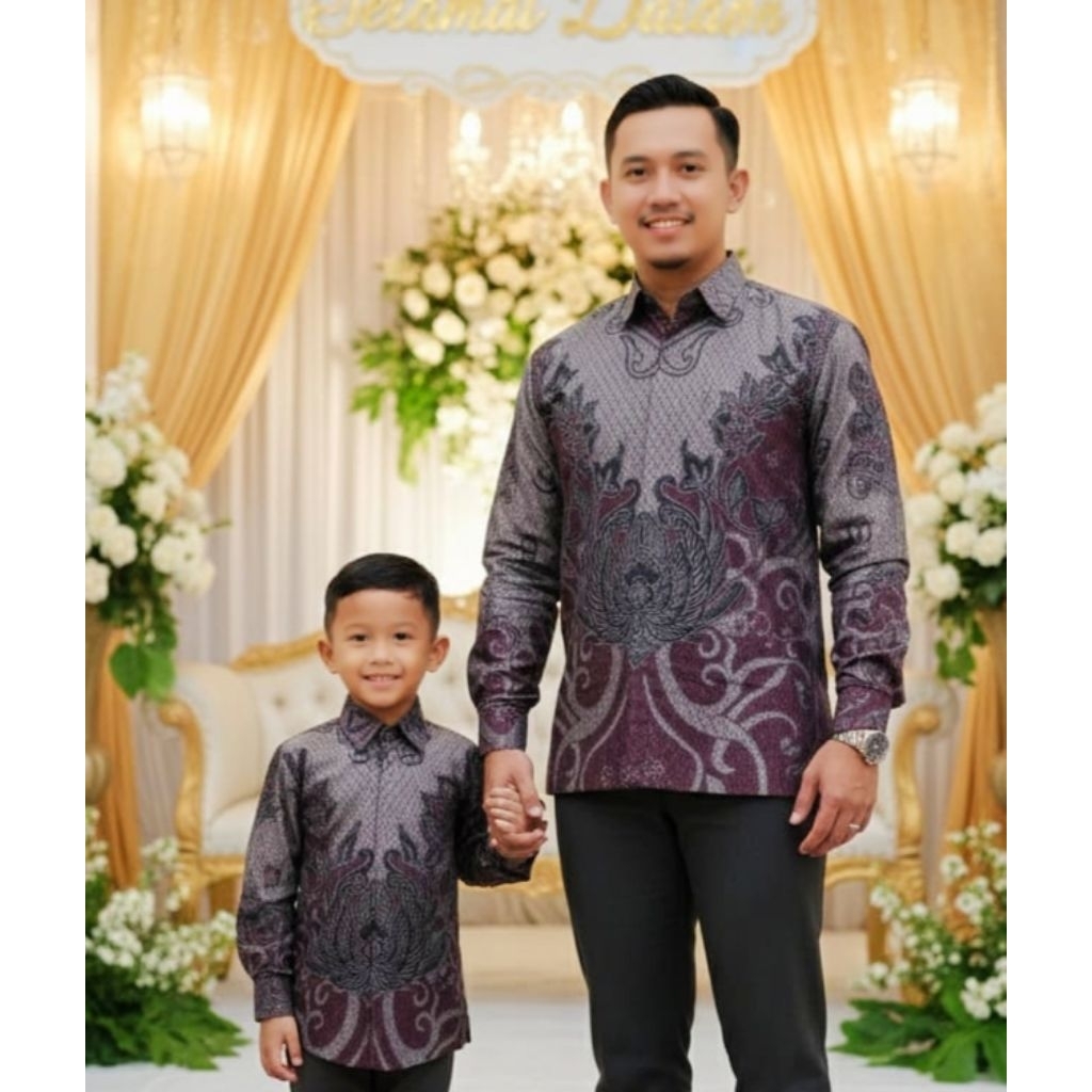 batik warna abu burgundy couple anak dan ayah premium