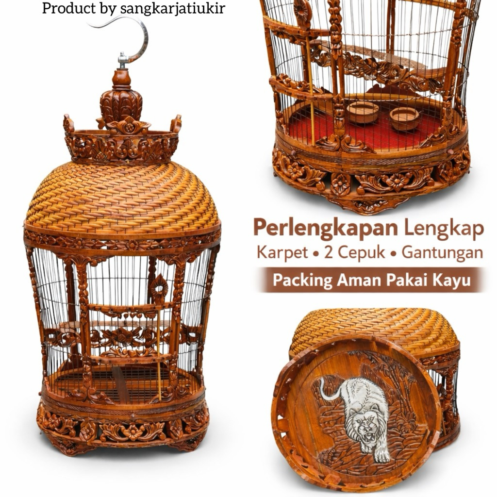 Sangkar Perkutut Kayu Jati Kombinasi Rotan Ukiran Macan Tebok Bawah