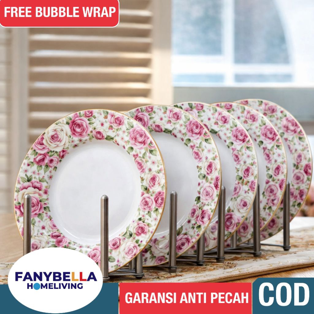 FANYBELLA | Piring Makan Keramik Ceper Full Shabby Mewah Import Prasmanan Set isi 6 Buah QUEEN ROSE 